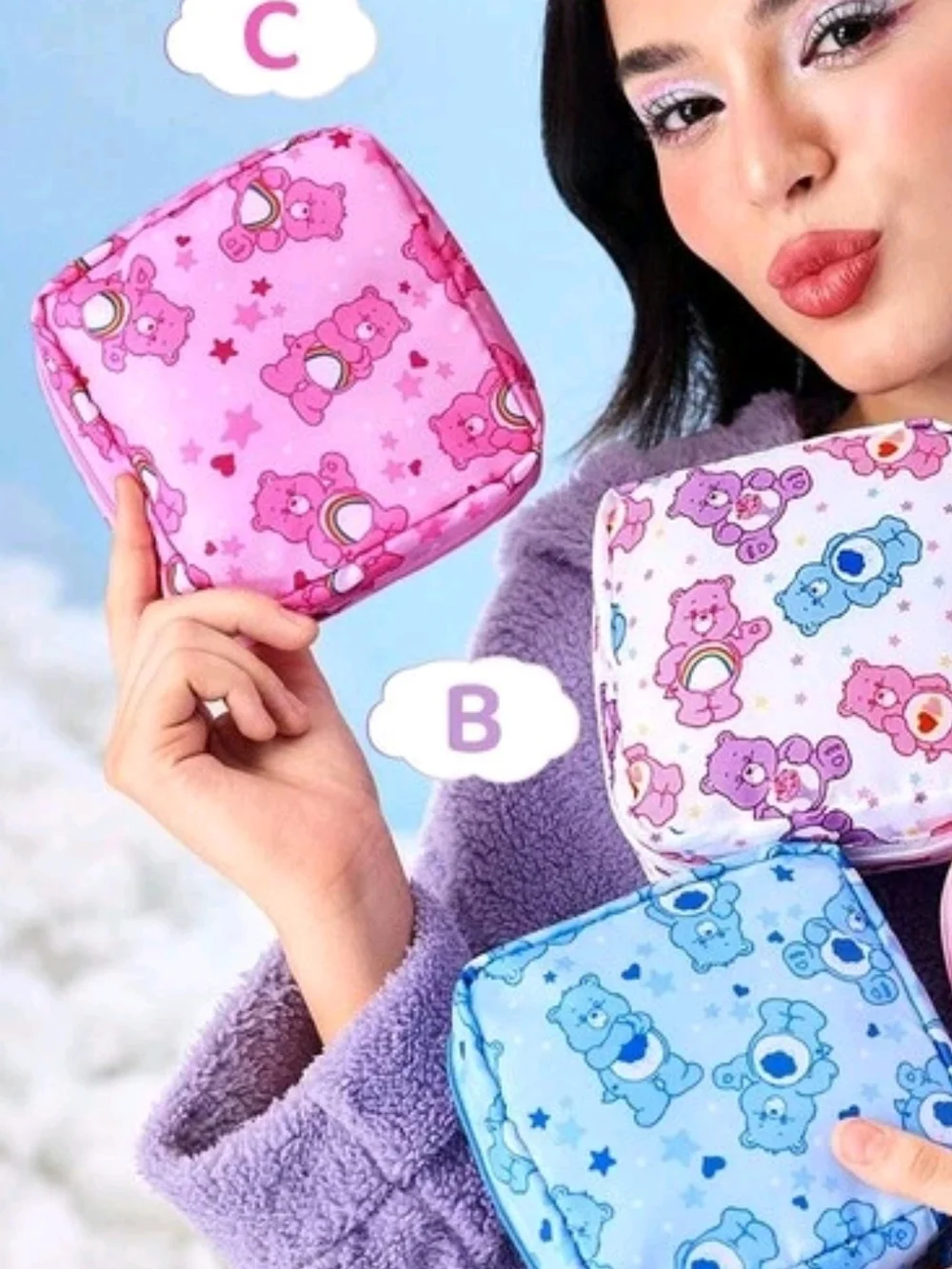 WHITE (B) care Bears Print Cosmetic Pouch - Cute Travel Accessory